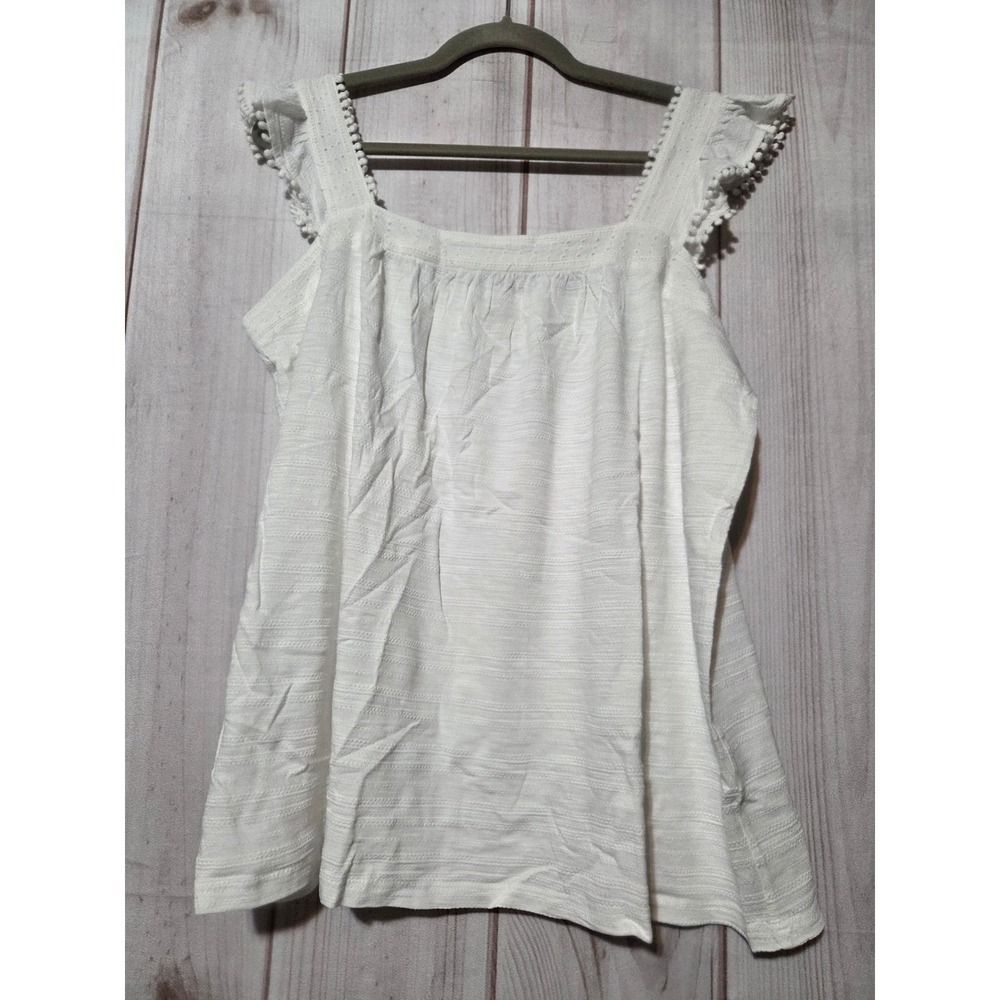 Style & Co Womens XL White Textured Ruffle Pom‎ Pom Trim Tank Top Blouse NWT